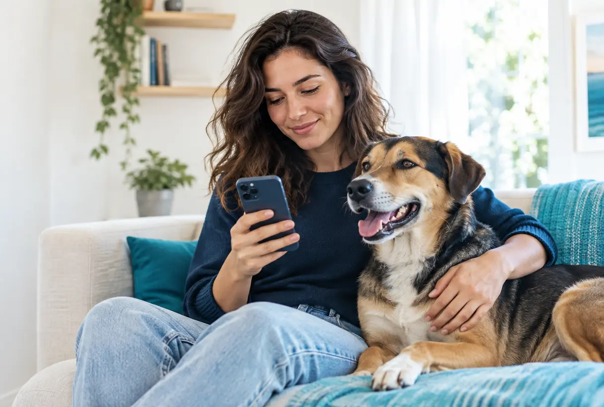 Tutora sentada ao lado do seu cão enquanto consulta o celular